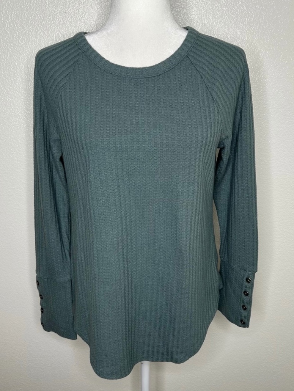 Chaser Womens Green Waffle Knit Crewneck Long Sleeve Top Shirt Size M